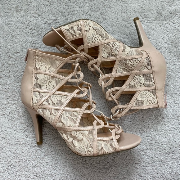 Nude Lace Tie-Up Heels - Picture 1 of 6